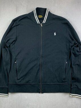 Ralph Lauren Polo Mens Sweater Large Black Knit Cotton Baseball Jacket Stripes